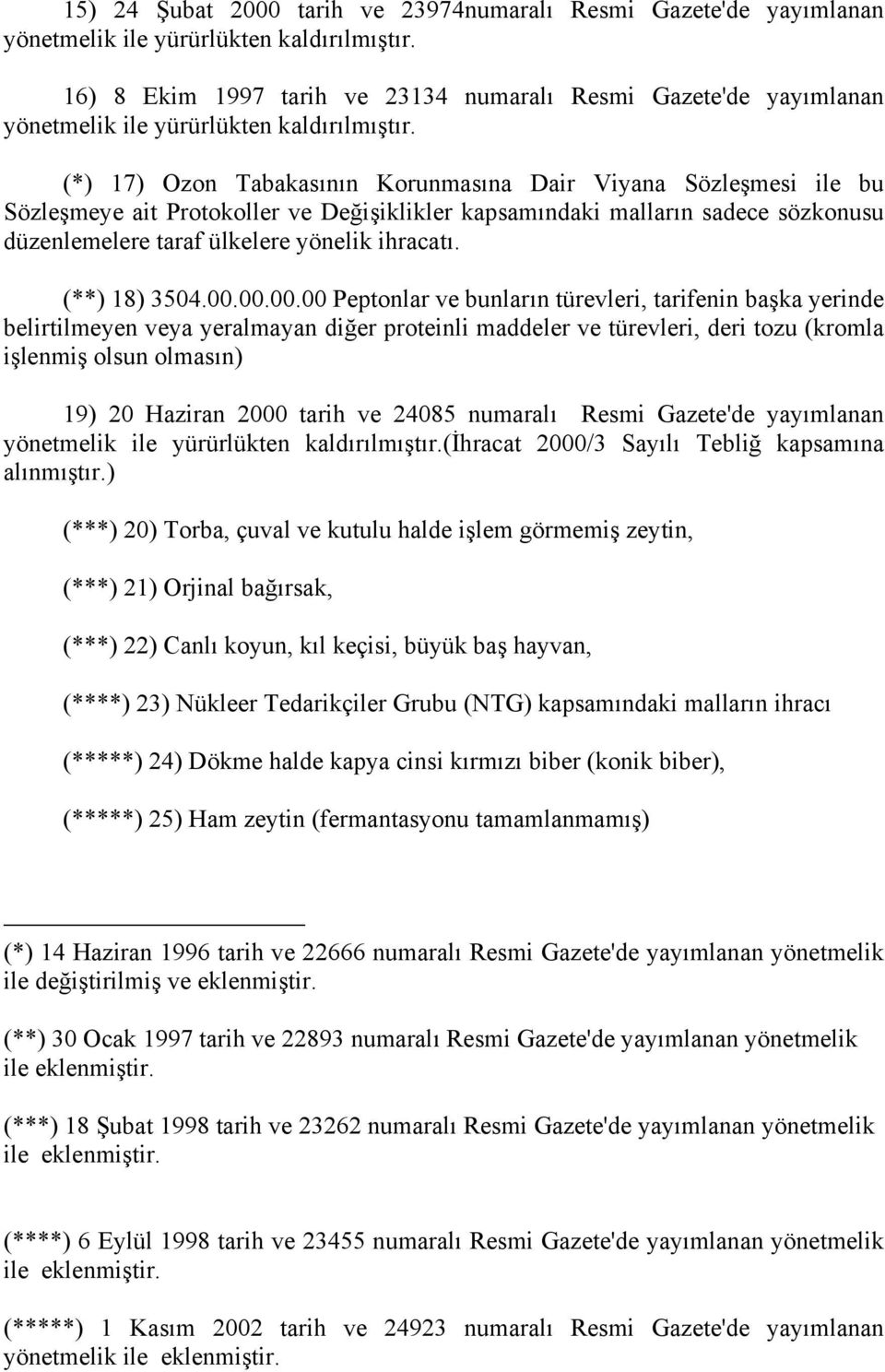 (*) 17) Ozon Tabakasının Korunmasına Dair Viyana Sözleşmesi ile bu Sözleşmeye ait Protokoller ve Değişiklikler kapsamındaki malların sadece sözkonusu düzenlemelere taraf ülkelere yönelik ihracatı.