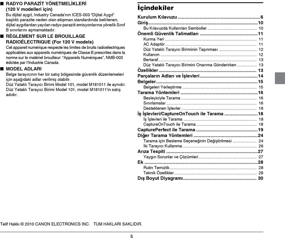 RÈGLEMENT SUR LE BROUILLAGE RADIOÉLECTRIQUE (For 120 V models) Cet appareil numérique respecte les limites de bruits radioélectriques applicables aux appareils numériques de Classe B prescrites dans