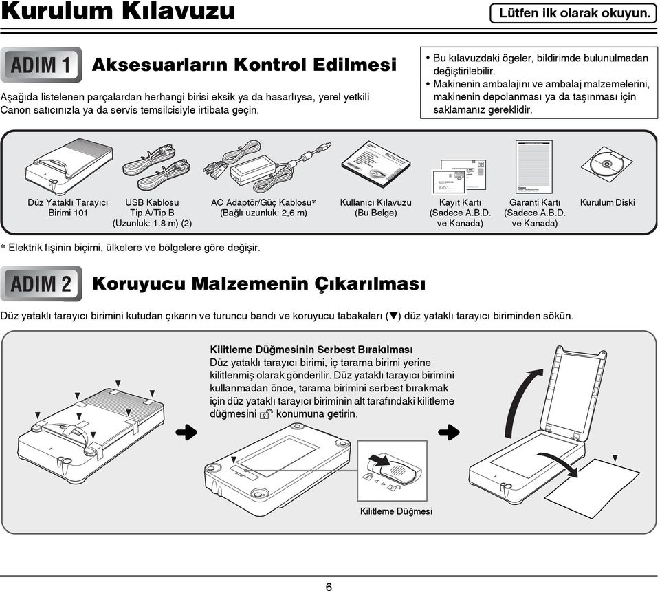 Makinenin ambalajını ve ambalaj malzemelerini, makinenin depolanması ya da taşınması için saklamanız gereklidir. Düz Yataklı Tarayıcı Birimi 101 USB Kablosu Tip A/Tip B (Uzunluk: 1.