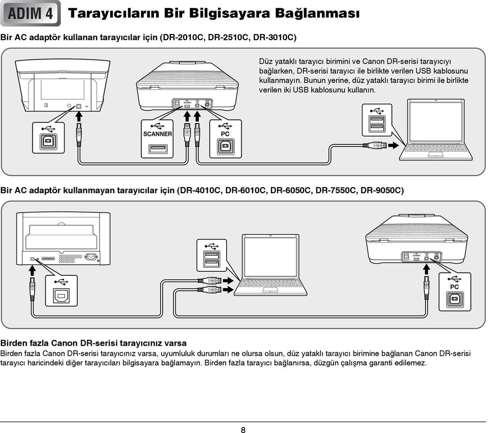 Bir AC adaptör kullanmayan tarayıcılar için (DR-4010C, DR-6010C, DR-6050C, DR-7550C, DR-9050C) Birden fazla Canon DR-serisi tarayıcınız varsa Birden fazla Canon DR-serisi tarayıcınız varsa,