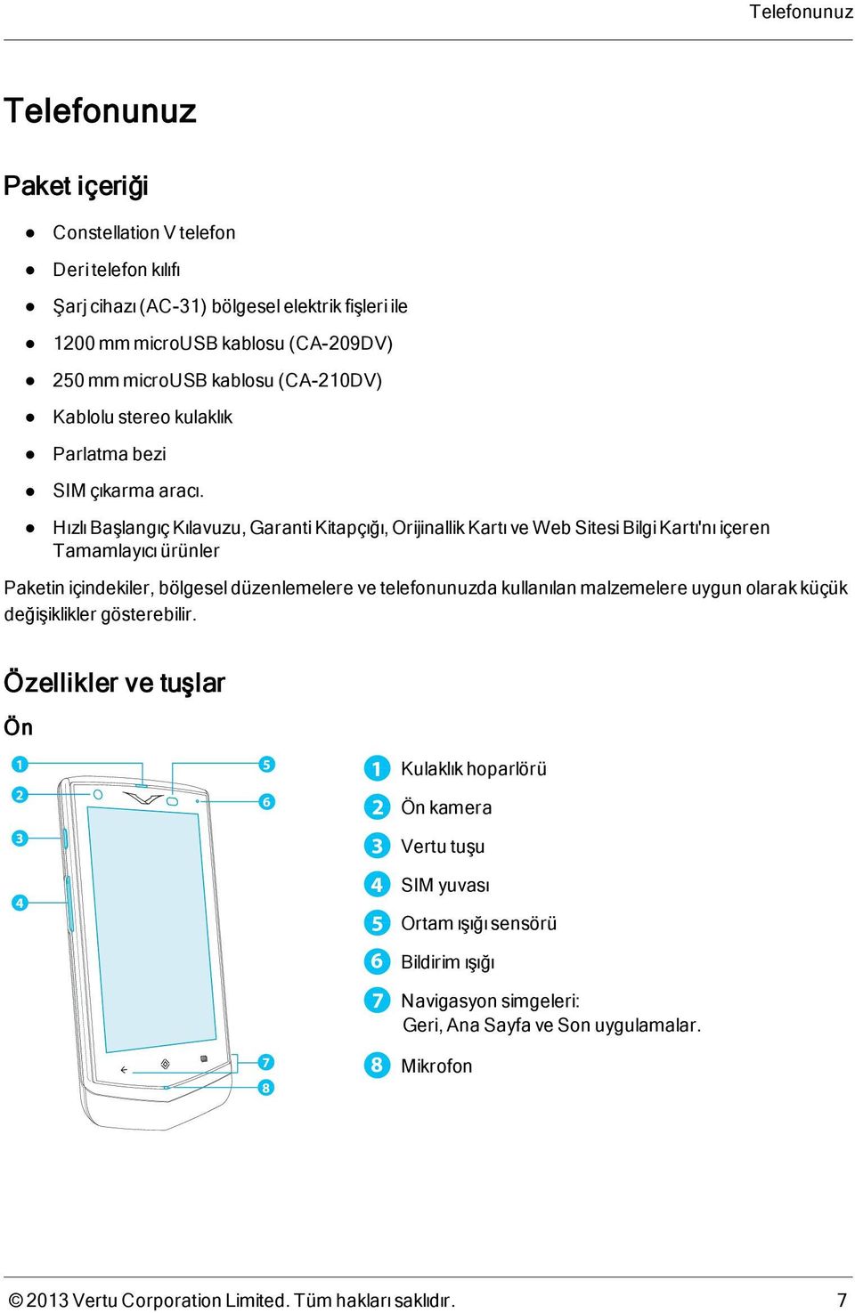 Hızlı Başlangıç Kılavuzu, Garanti Kitapçığı, Orijinallik Kartı ve Web Sitesi Bilgi Kartı'nı içeren Tamamlayıcı ürünler Paketin içindekiler, bölgesel düzenlemelere ve telefonunuzda kullanılan