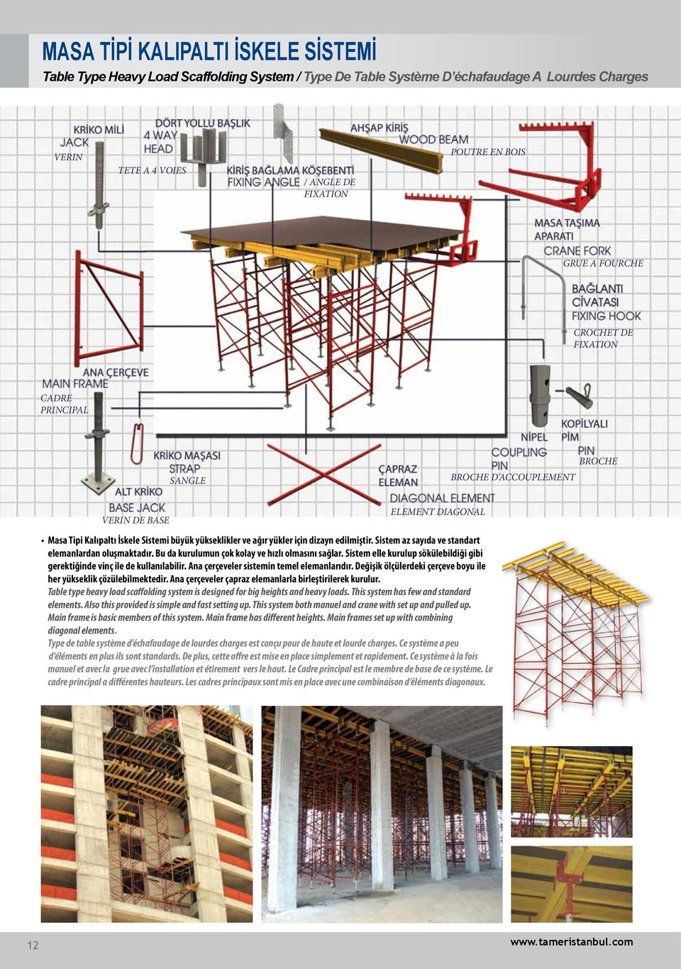 edilmiştir. Sistem az sayıda ve standart elemanlardan oluşmaktadır. Bu da kurulumun çok kolay ve hızlı olmasını sağlar. Sistem elle kurulup sökülebildiği gibi gerektiğinde vinç ile de kullanılabilir.