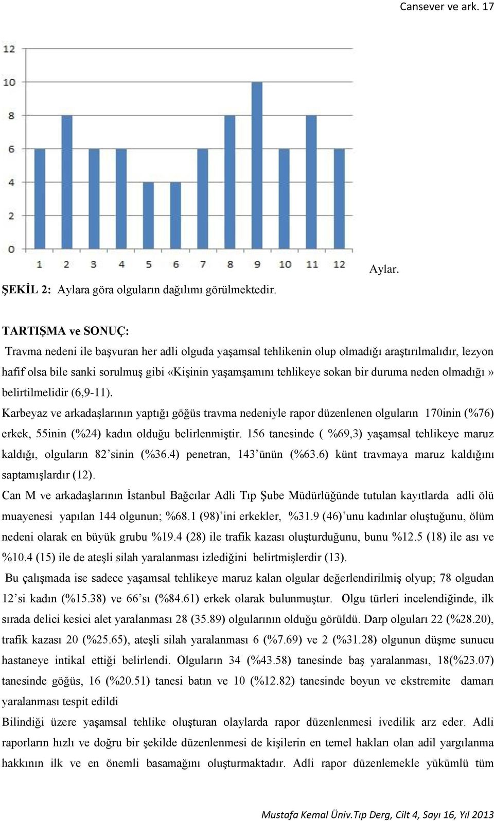 TARTIŞMA ve SONUÇ: Travma nedeni ile başvuran her adli olguda yaşamsal tehlikenin olup olmadığı araştırılmalıdır, lezyon hafif olsa bile sanki sorulmuş gibi «Kişinin yaşamşamını tehlikeye sokan bir