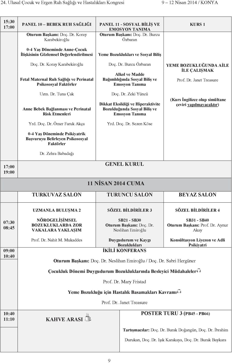 Burcu Özbaran Alkol ve Madde Ba ml l nda Sosyal Bili ve Emosyon Tan ma YEME BOZUKLU UNDA A LE LE ÇALI MAK Prof. Dr. Janet Treasure Uzm. Dr. Tuna Çak Anne Bebek Ba lanmas ve Perinatal Risk Etmenleri Doç.