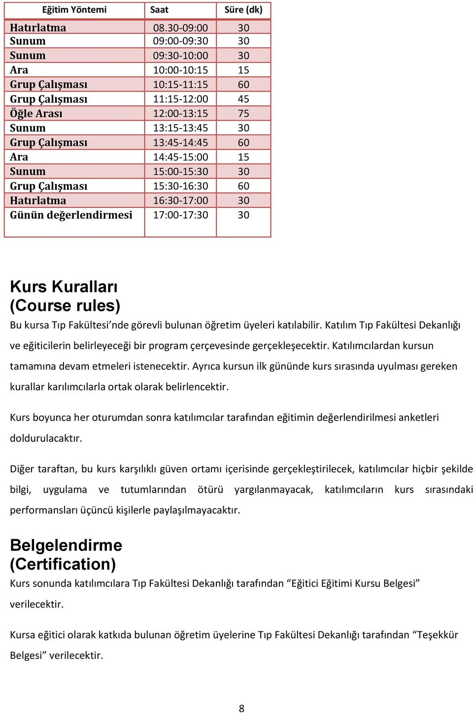 13:45-14:45 60 Ara 14:45-15:00 15 Sunum 15:00-15:30 30 Grup Çalışması 15:30-16:30 60 Hatırlatma 16:30-17:00 30 Günün değerlendirmesi 17:00-17:30 30 Kurs Kuralları (Course rules) Bu kursa Tıp