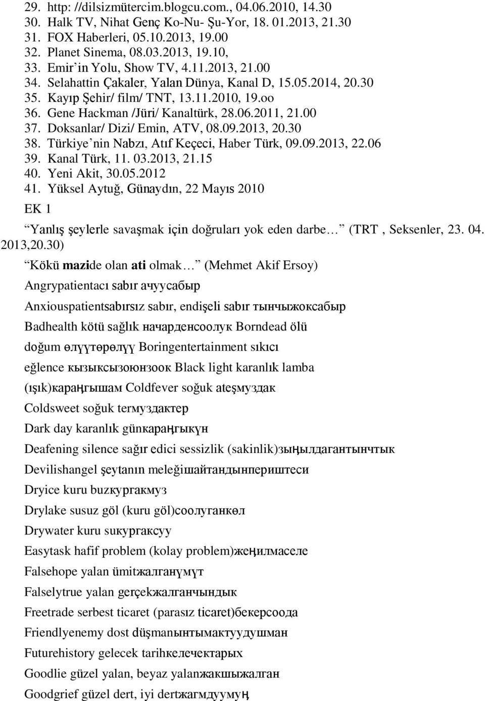 00 37. Doksanlar/ Dizi/ Emin, ATV, 08.09.2013, 20.30 38. Türkiye nin Nabzı, Atıf Keçeci, Haber Türk, 09.09.2013, 22.06 39. Kanal Türk, 11. 03.2013, 21.15 40. Yeni Akit, 30.05.2012 41.