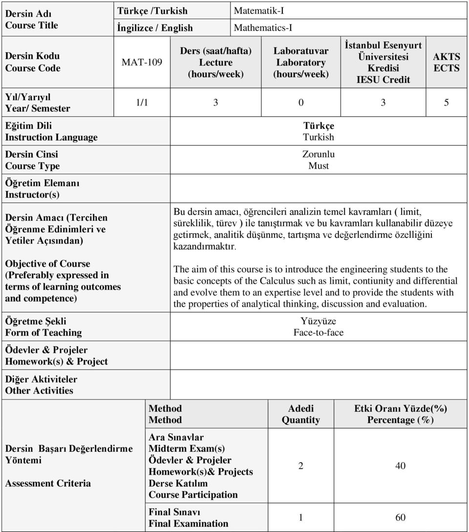 Activities Dersin Başarı Değerlendirme Yöntemi Assessment Criteria Türkçe /Turkish İngilizce / English MAT-109 Ders (saat/hafta) Lecture Matematik-I Mathematics-I Laboratuvar Laboratory İstanbul