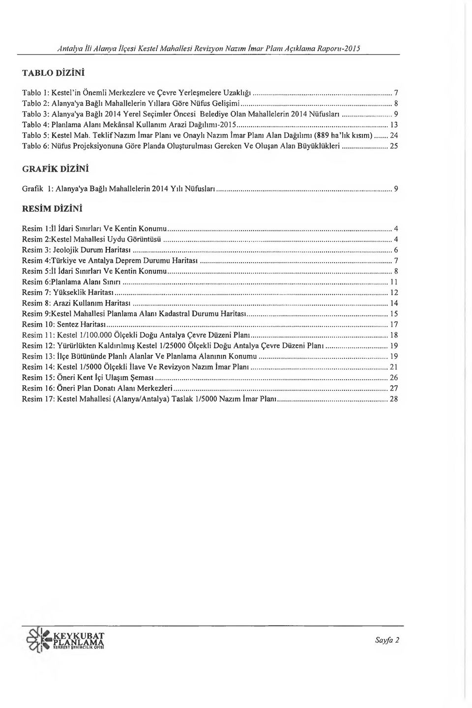 .. 9 T ablo 4: Planlama Alanı M ekânsal K ullanım Arazi D a ğ ılım ı-2 0 1 5...13 T ablo 5: K estel Mah. T ek lifn a zım İmar Planı ve O naylı N azım İmar Planı Alan D ağılım ı (889 h a lık k ısım ).