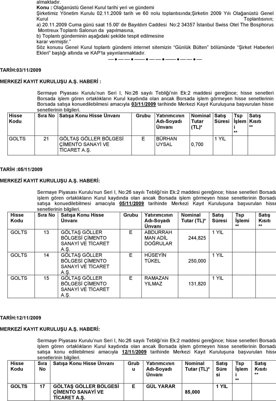 Söz kons Genel Krl toplantı gündem nternet stemzn Günlük Bülten bölümünde Şrket Haberler kler başlığı altında ve KAP ta yayınlanmaktadır.