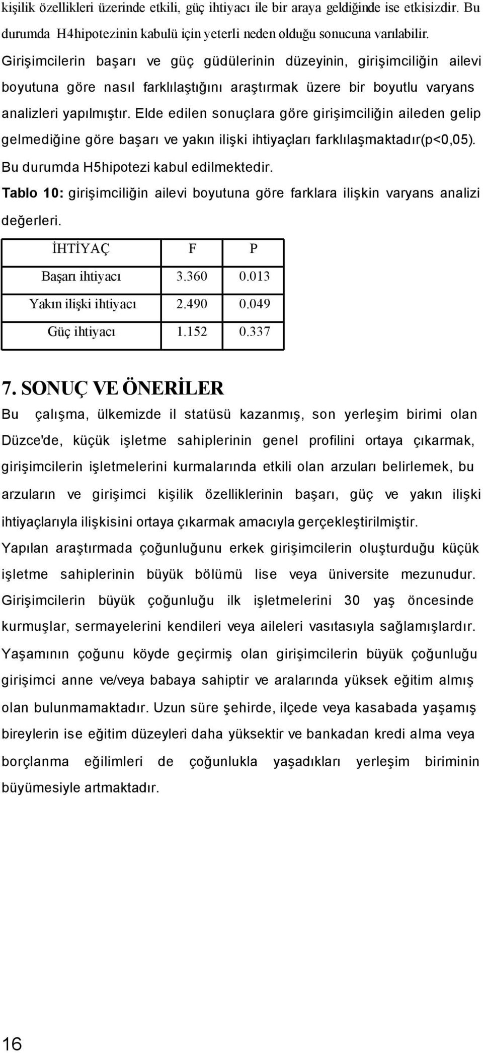 Elde edilen sonuçlara göre girişimciliğin aileden gelip gelmediğine göre başarı ve yakın ilişki ihtiyaçları farklılaşmaktadır(p<0,05). Bu durumda H5 hipotezi kabul edilmektedir.