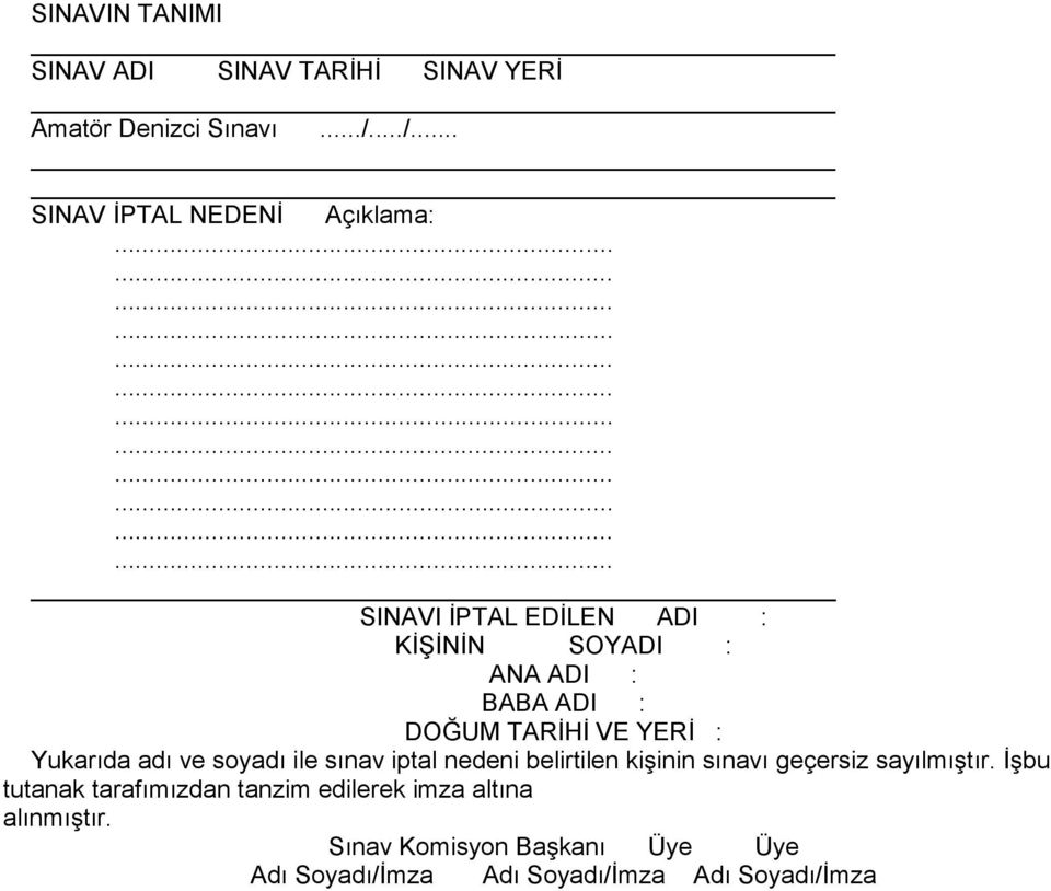 TARĠHĠ VE YERĠ : Yukarıda adı ve soyadı ile sınav iptal nedeni belirtilen kiģinin sınavı geçersiz