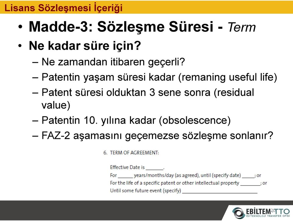 Patentin yaşam süresi kadar (remaning useful life) Patent süresi