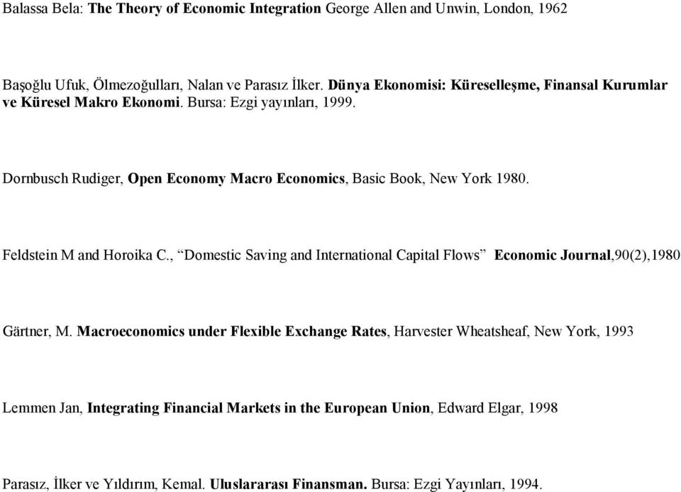 Dornbusch Rudiger, Open Economy Macro Economics, Basic Book, New York 1980. Feldstein M and Horoika C.