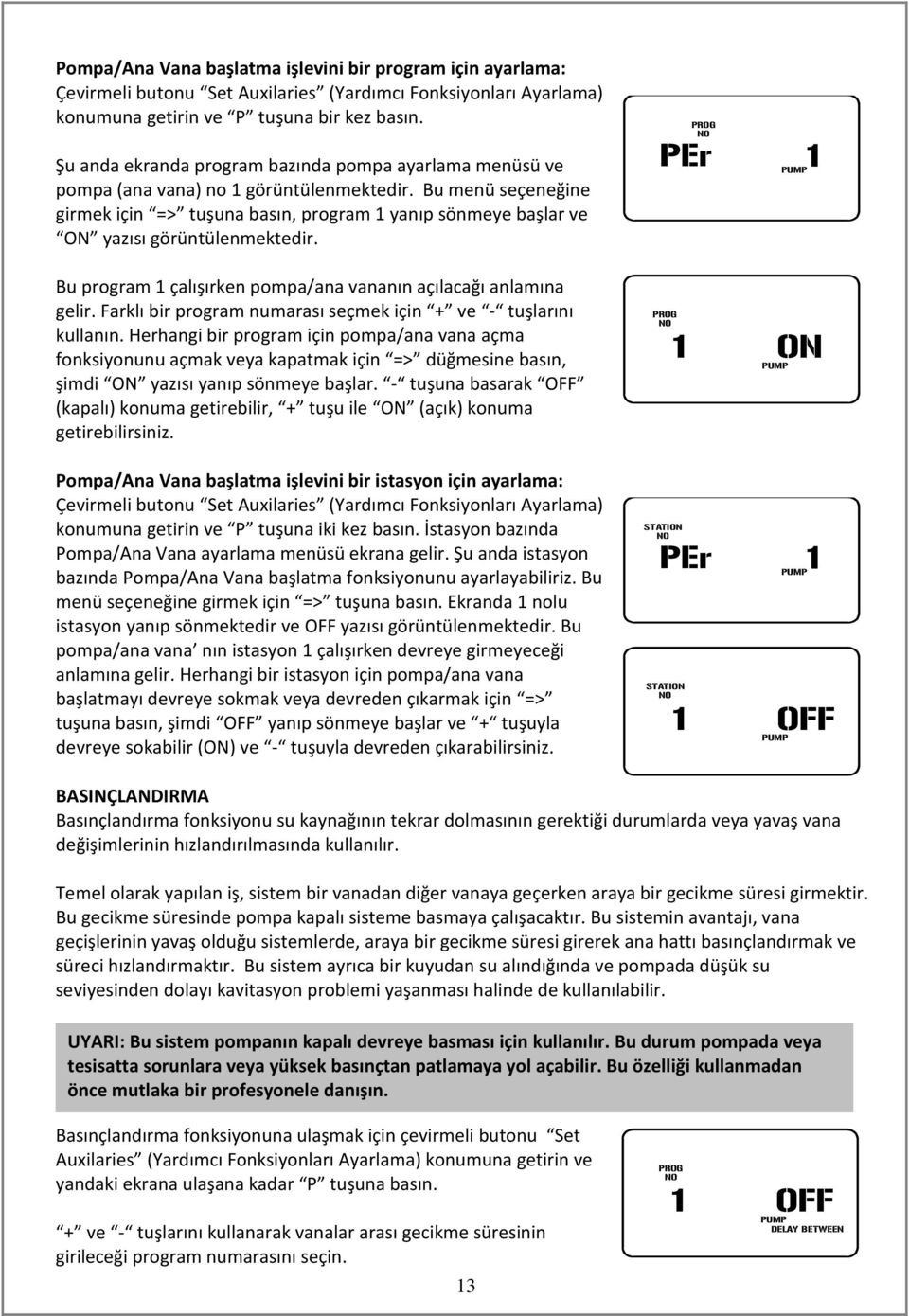 Bu menü seçeneğine girmek için => tuşuna basın, program yanıp sönmeye başlar ve ON yazısı görüntülenmektedir. Bu program çalışırken pompa/ana vananın açılacağı anlamına gelir.