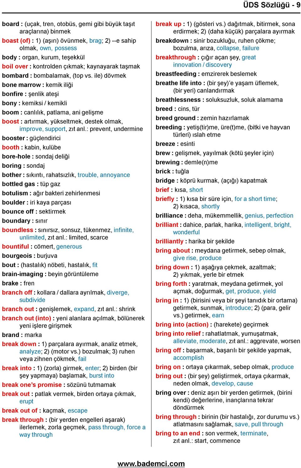 ile) dövmek bone marrow : kemik iliği bonfire : şenlik ateşi bony : kemiksi / kemikli boom : canlılık, patlama, ani gelişme boost : artırmak, yükseltmek, destek olmak, improve, support, zıt anl.