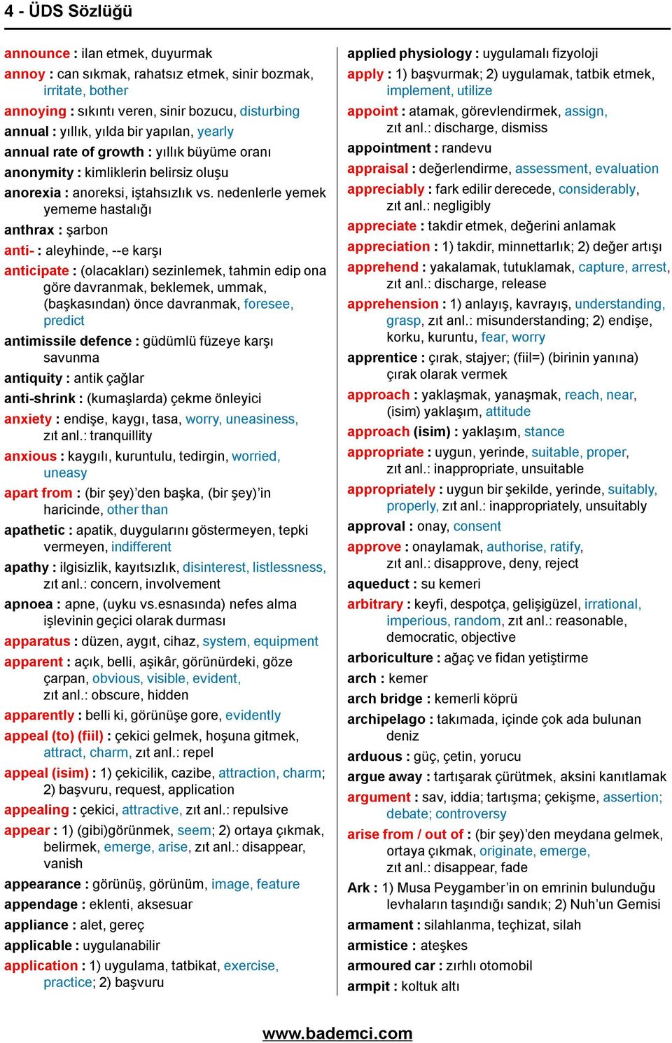 nedenlerle yemek yememe hastalığı anthrax : şarbon anti- : aleyhinde, --e karşı anticipate : (olacakları) sezinlemek, tahmin edip ona göre davranmak, beklemek, ummak, (başkasından) önce davranmak,