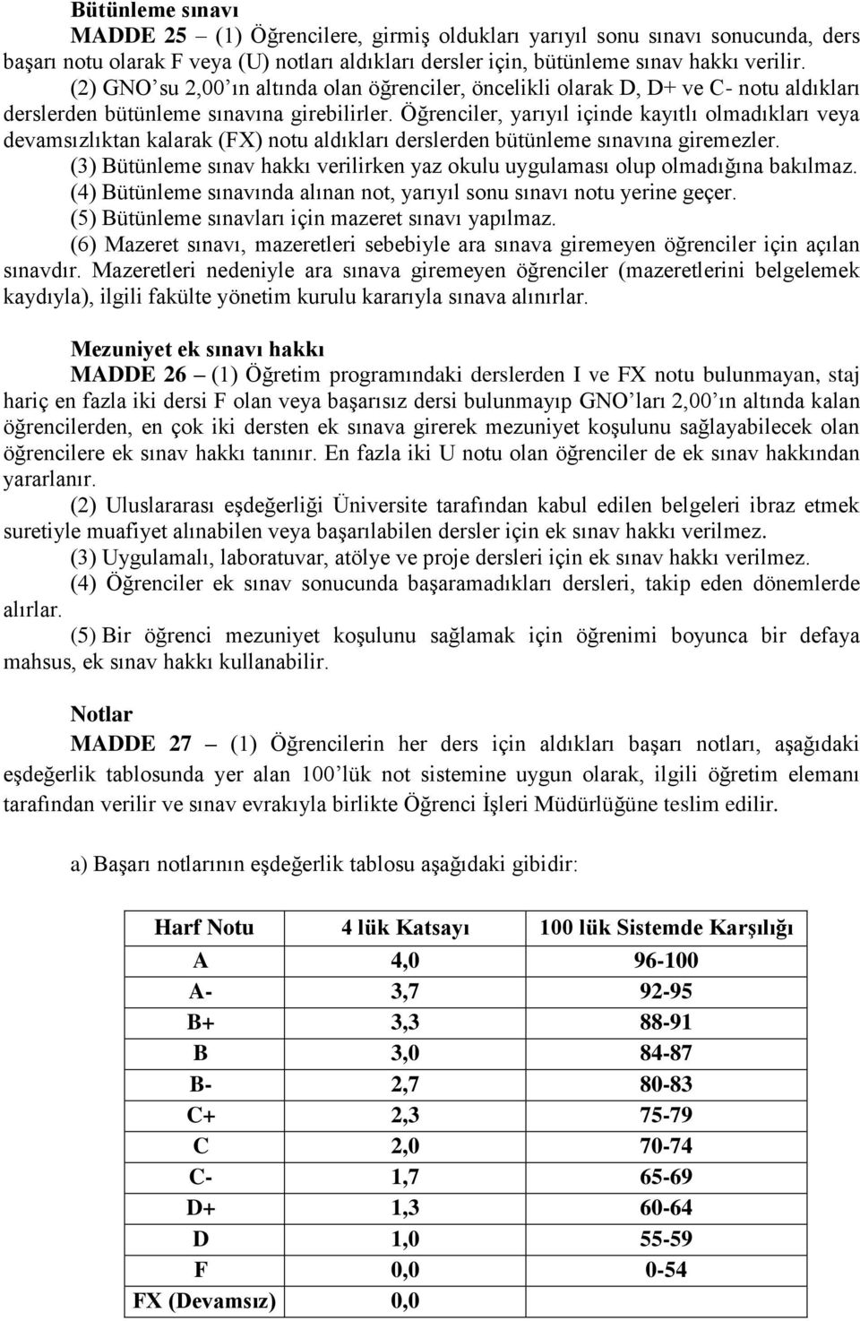 Öğrenciler, yarıyıl içinde kayıtlı olmadıkları veya devamsızlıktan kalarak (FX) notu aldıkları derslerden bütünleme sınavına giremezler.