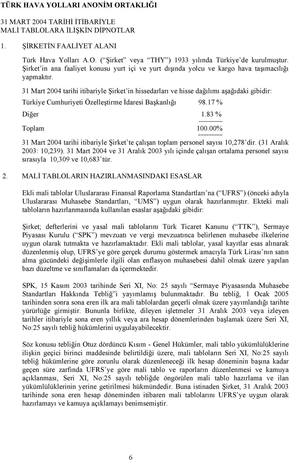 tarihi itibariyle Şirket in hissedarları ve hisse dağılımı aşağıdaki gibidir: Türkiye Cumhuriyeti Özelleştirme İdaresi Başkanlığı 98.17 % Diğer 1.83 % --------------- Toplam 100.