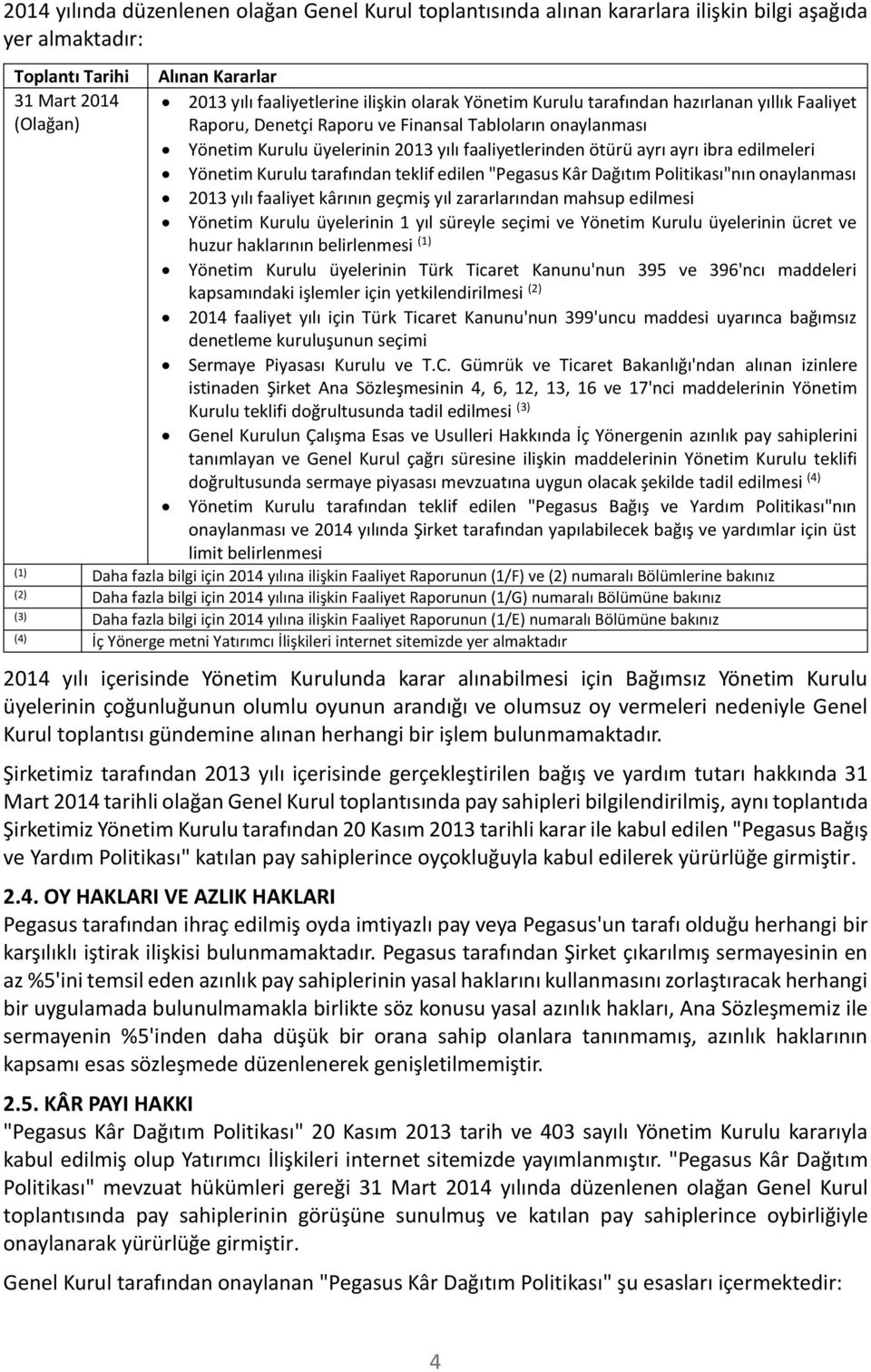 edilmeleri Yönetim Kurulu tarafından teklif edilen "Pegasus Kâr Dağıtım Politikası"nın onaylanması 2013 yılı faaliyet kârının geçmiş yıl zararlarından mahsup edilmesi Yönetim Kurulu üyelerinin 1 yıl