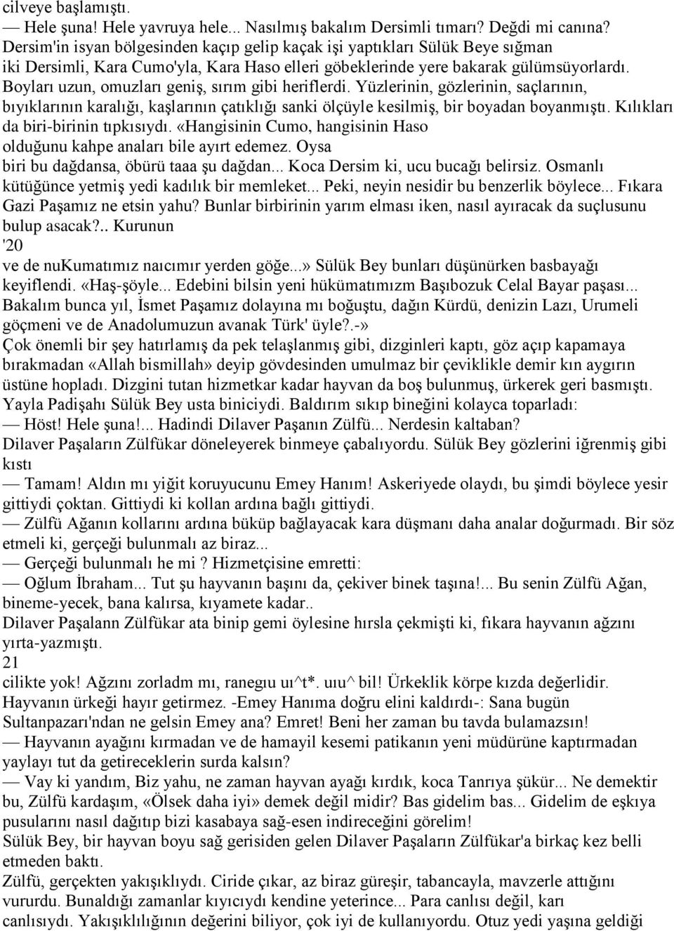 Boyları uzun, omuzları geniş, sırım gibi heriflerdi. Yüzlerinin, gözlerinin, saçlarının, bıyıklarının karalığı, kaşlarının çatıklığı sanki ölçüyle kesilmiş, bir boyadan boyanmıştı.