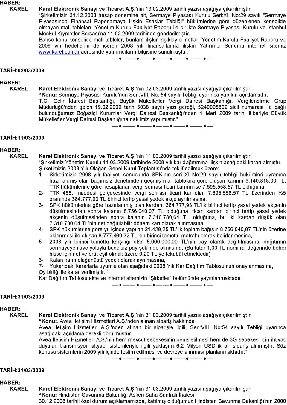 Yönetim Kurulu Faaliyet Raporu ile birlikte Sermaye Piyasası Kurulu ve İstanbul Menkul Kıymetler Borsası'na 11.02.2009 tarihinde gönderilmiştir.