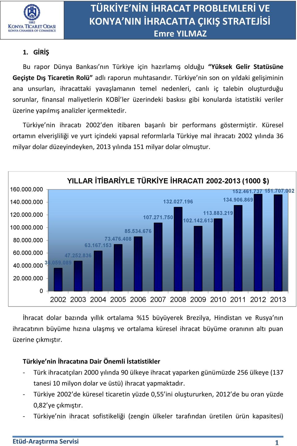 istatistiki veriler üzerine yapılmış analizler içermektedir. Türkiye nin ihracatı 2002 den itibaren başarılı bir performans göstermiştir.