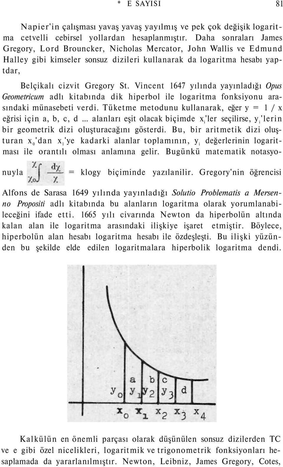 Vincent 1647 yılında yayınladığı Opus Geometricum adlı kitabında dik hiperbol ile logaritma fonksiyonu arasındaki münasebeti verdi. Tüketme metodunu kullanarak, eğer y = 1 / x eğrisi için a, b, c, d.