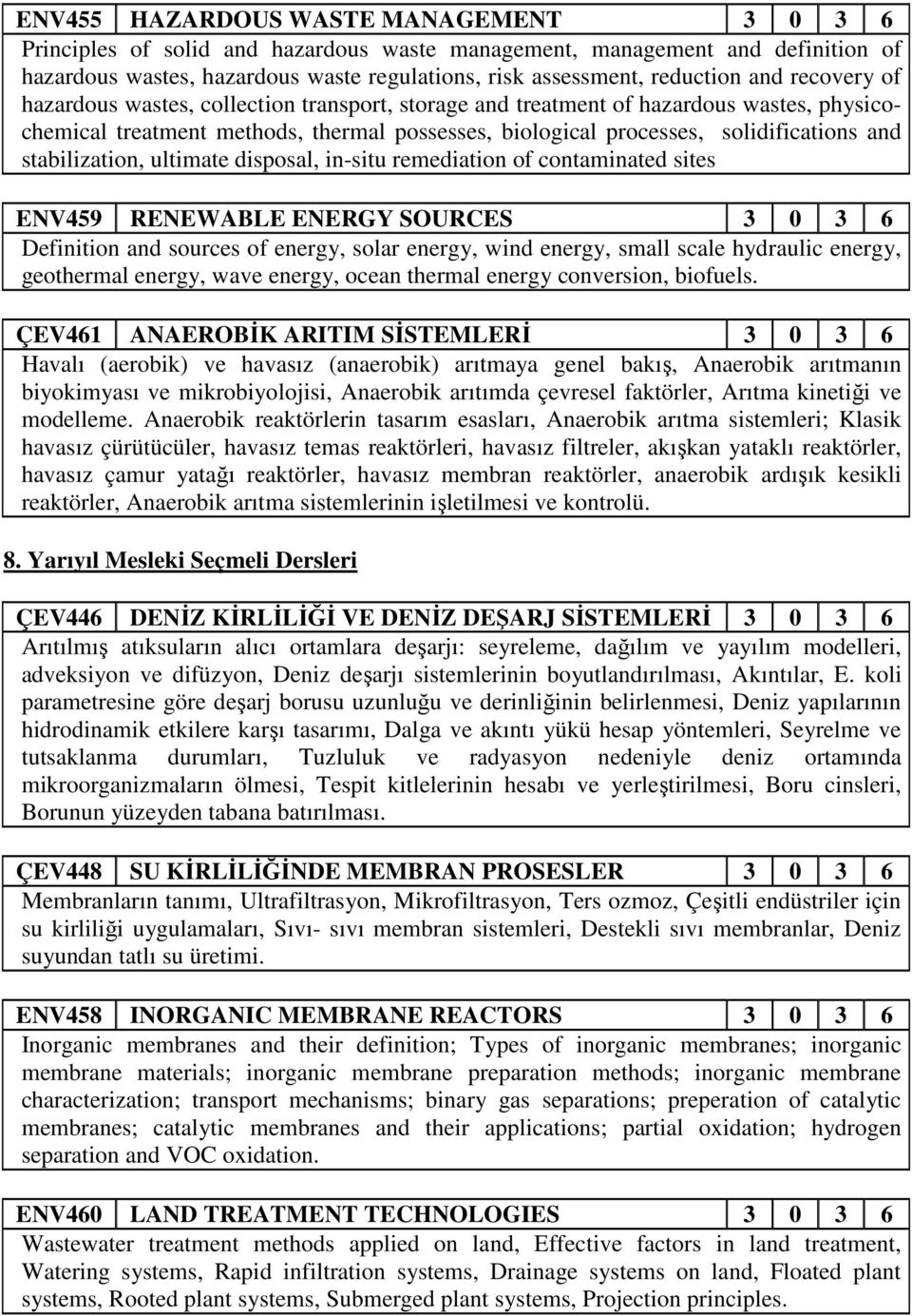 stabilization, ultimate disposal, in-situ remediation of contaminated sites ENV459 RENEWABLE ENERGY SOURCES 3 0 3 6 Definition and sources of energy, solar energy, wind energy, small scale hydraulic