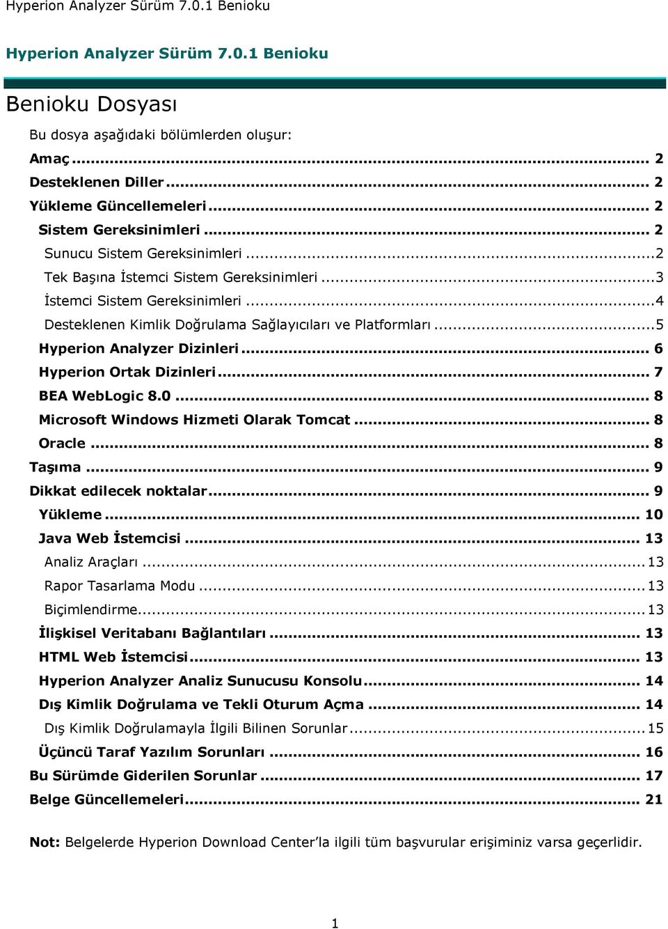 ..5 Hyperion Analyzer Dizinleri... 6 Hyperion Ortak Dizinleri... 7 BEA WebLogic 8.0... 8 Microsoft Windows Hizmeti Olarak Tomcat... 8 Oracle... 8 Taşıma... 9 Dikkat edilecek noktalar... 9 Yükleme.