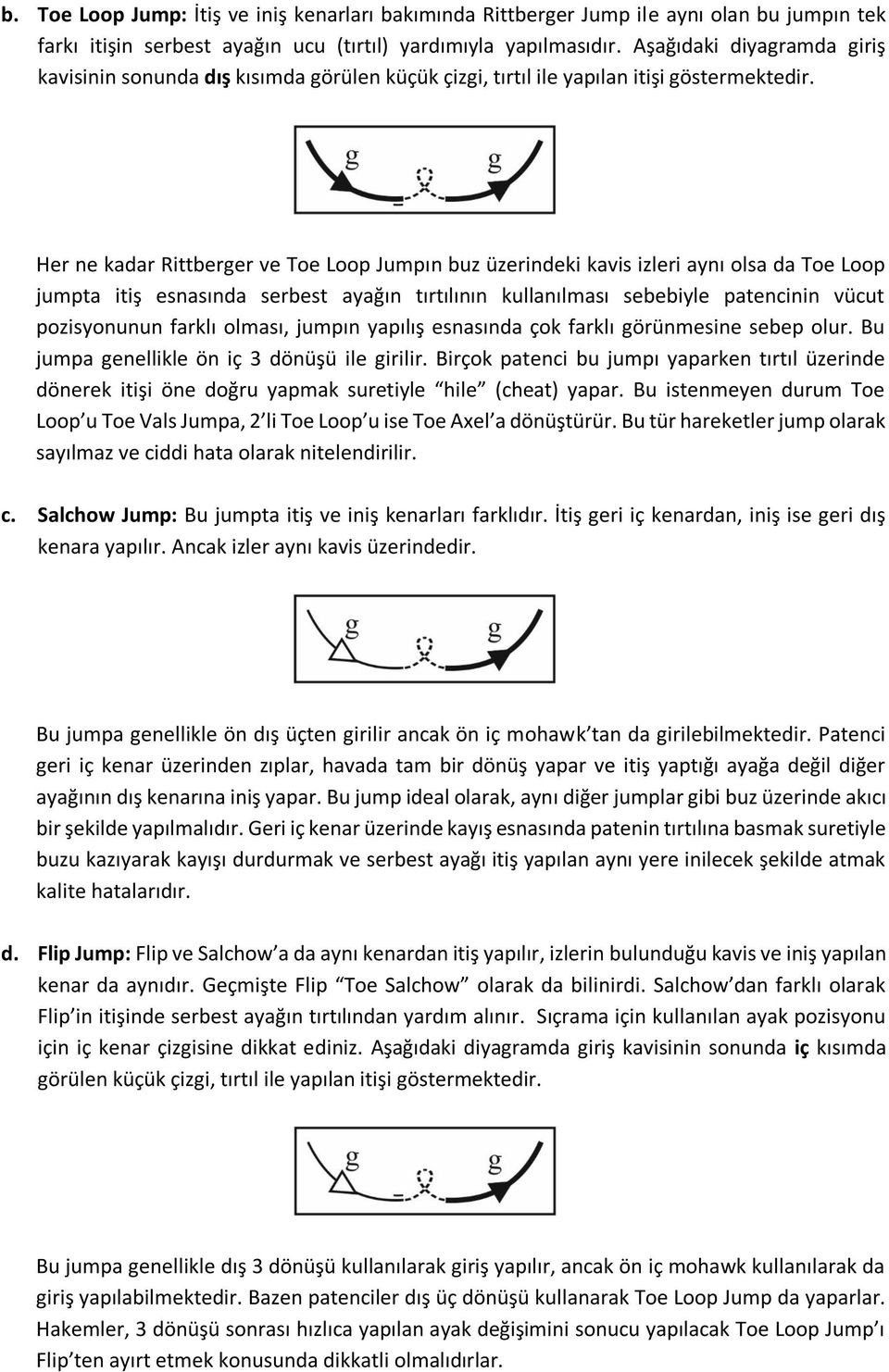 Her ne kadar Rittberger ve Toe Loop Jumpın buz üzerindeki kavis izleri aynı olsa da Toe Loop jumpta itiş esnasında serbest ayağın tırtılının kullanılması sebebiyle patencinin vücut pozisyonunun