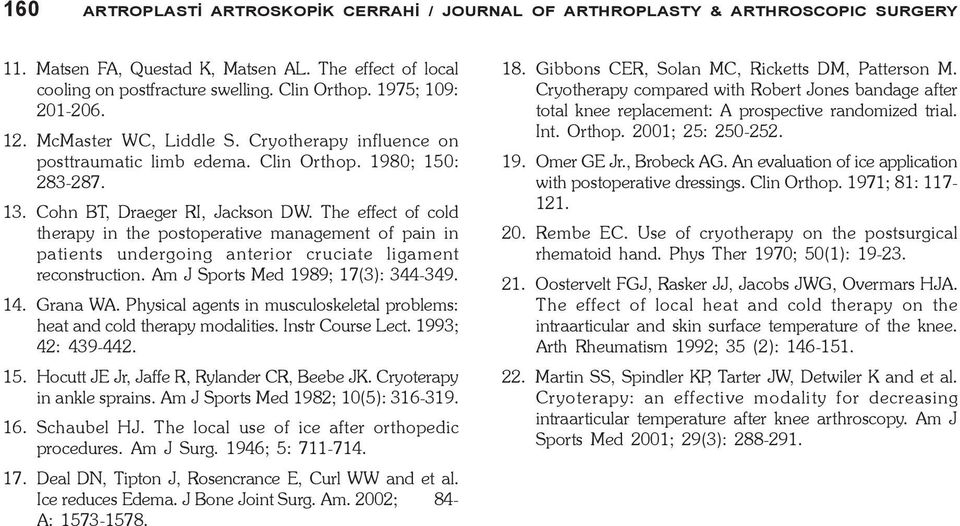 The effect of cold therapy in the postoperative management of pain in patients undergoing anterior cruciate ligament reconstruction. Am J Sports Med 1989; 17(3): 344-349. 14. Grana WA.