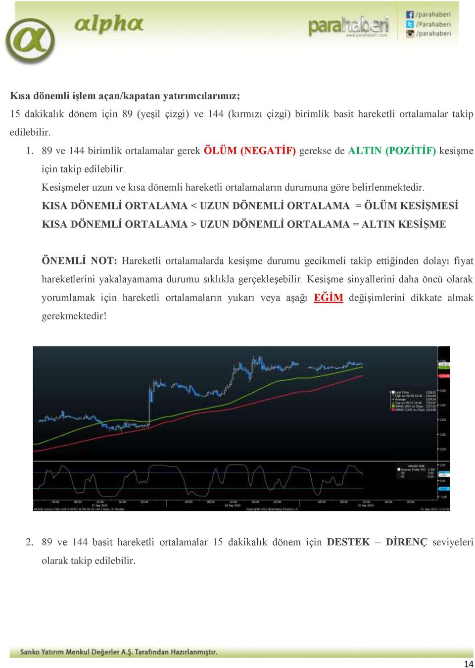 KISA DÖNEMLİ ORTALAMA < UZUN DÖNEMLİ ORTALAMA = ÖLÜM KESİŞMESİ KISA DÖNEMLİ ORTALAMA > UZUN DÖNEMLİ ORTALAMA = ALTIN KESİŞME ÖNEMLİ NOT: Hareketli ortalamalarda kesişme durumu gecikmeli takip