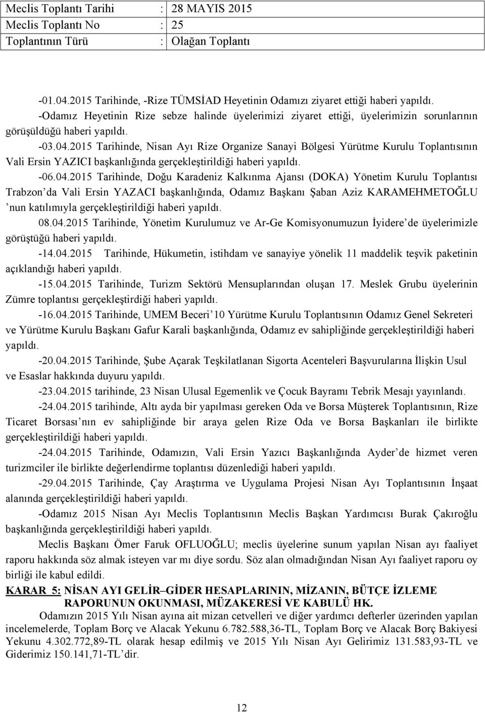 2015 Tarihinde, Nisan Ayı Rize Organize Sanayi Bölgesi Yürütme Kurulu Toplantısının Vali Ersin YAZICI başkanlığında gerçekleştirildiği haberi yapıldı. -06.04.