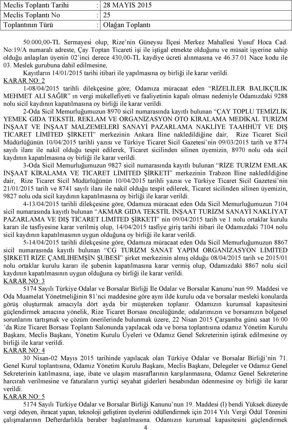 01 Nace kodu ile 03. Meslek gurubuna dahil edilmesine, Kayıtların 14/01/2015 tarihi itibari ile yapılmasına oy birliği ile karar verildi.