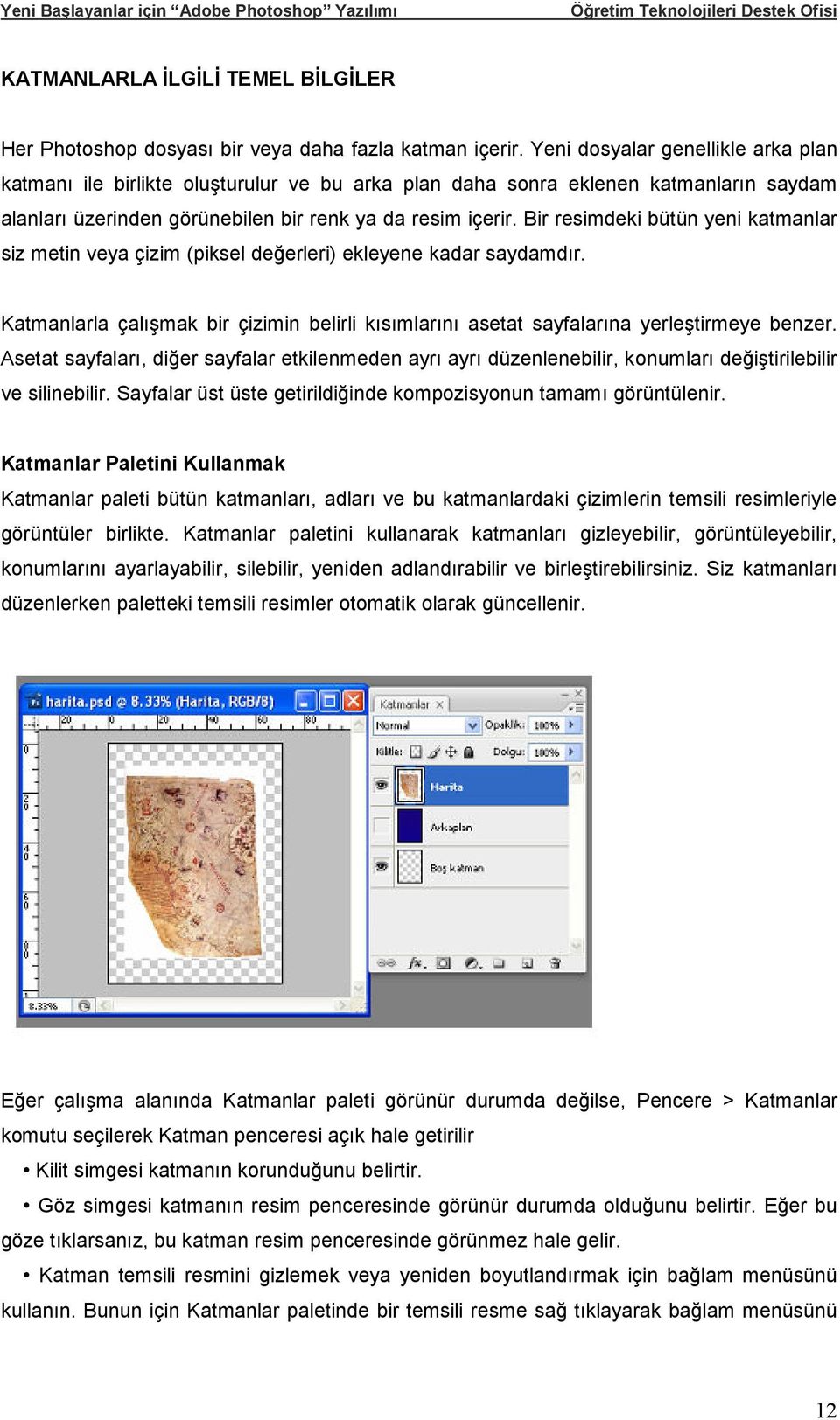 Bir resimdeki bütün yeni katmanlar siz metin veya çizim (piksel değerleri) ekleyene kadar saydamdır. Katmanlarla çalışmak bir çizimin belirli kısımlarını asetat sayfalarına yerleştirmeye benzer.