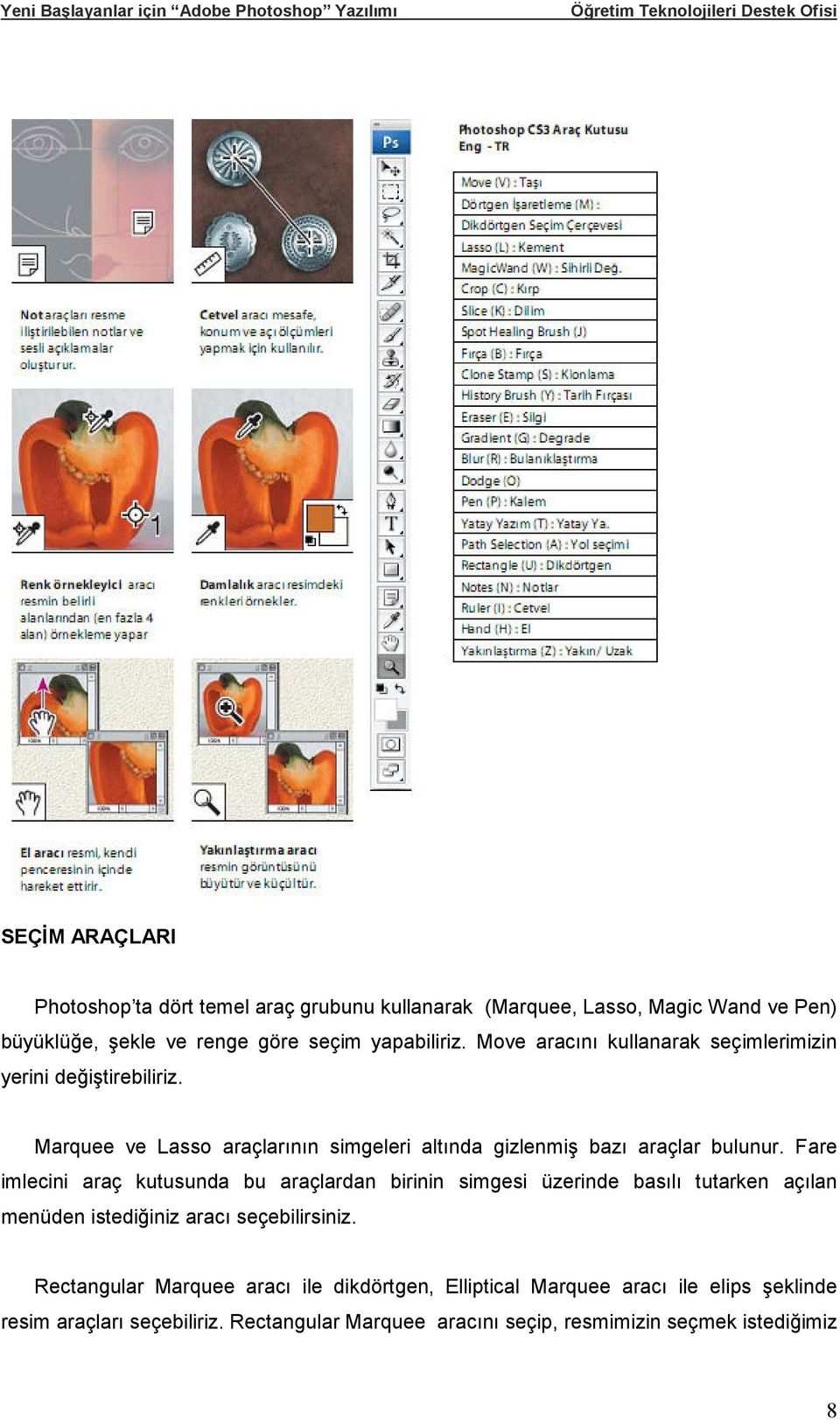 Fare imlecini araç kutusunda bu araçlardan birinin simgesi üzerinde basılı tutarken açılan menüden istediğiniz aracı seçebilirsiniz.