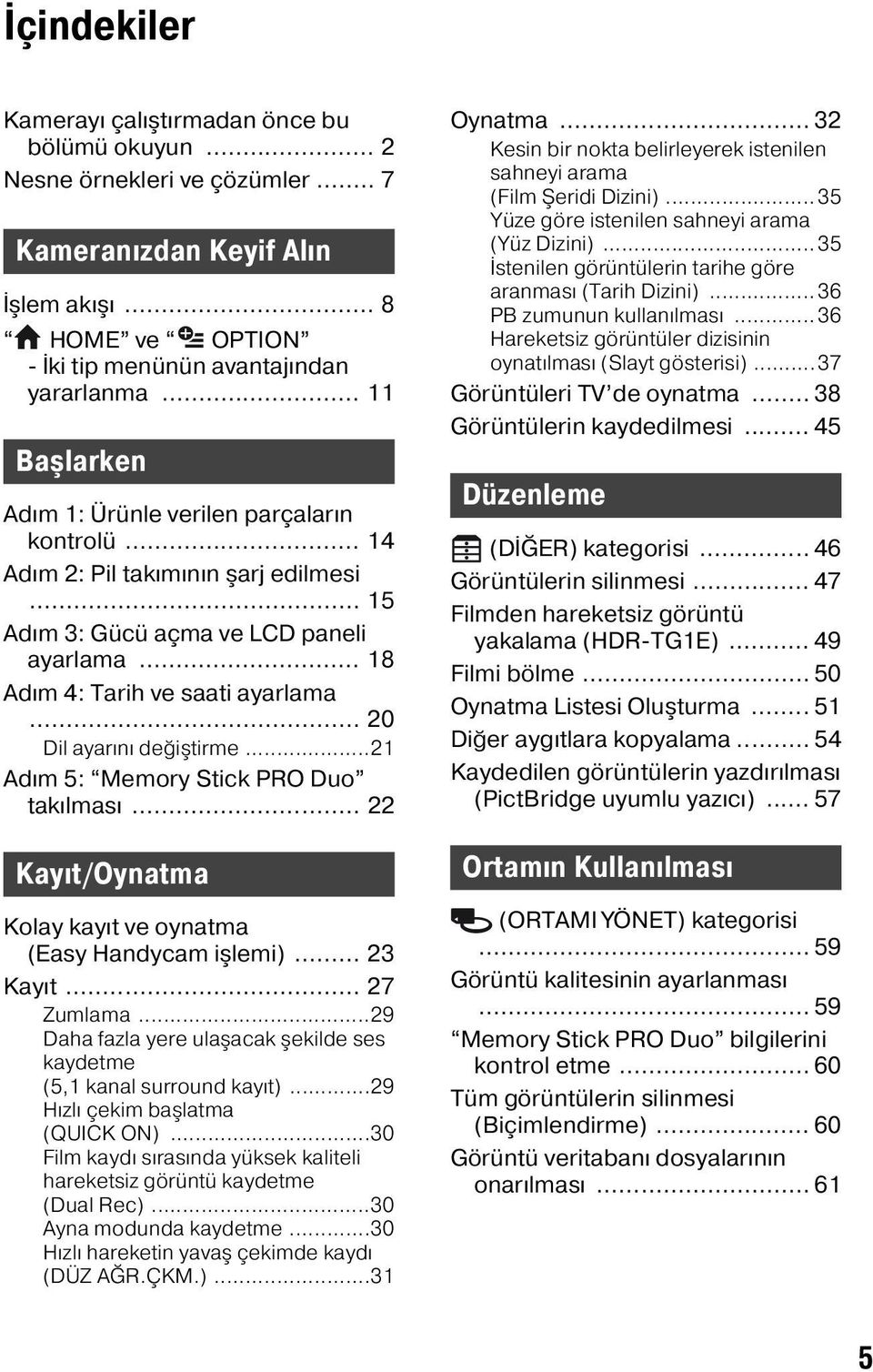 .. 20 Dil ayarını değiştirme...21 Adım 5: Memory Stick PRO Duo takılması... 22 Kayıt/Oynatma Kolay kayıt ve oynatma (Easy Handycam işlemi)... 23 Kayıt... 27 Zumlama.