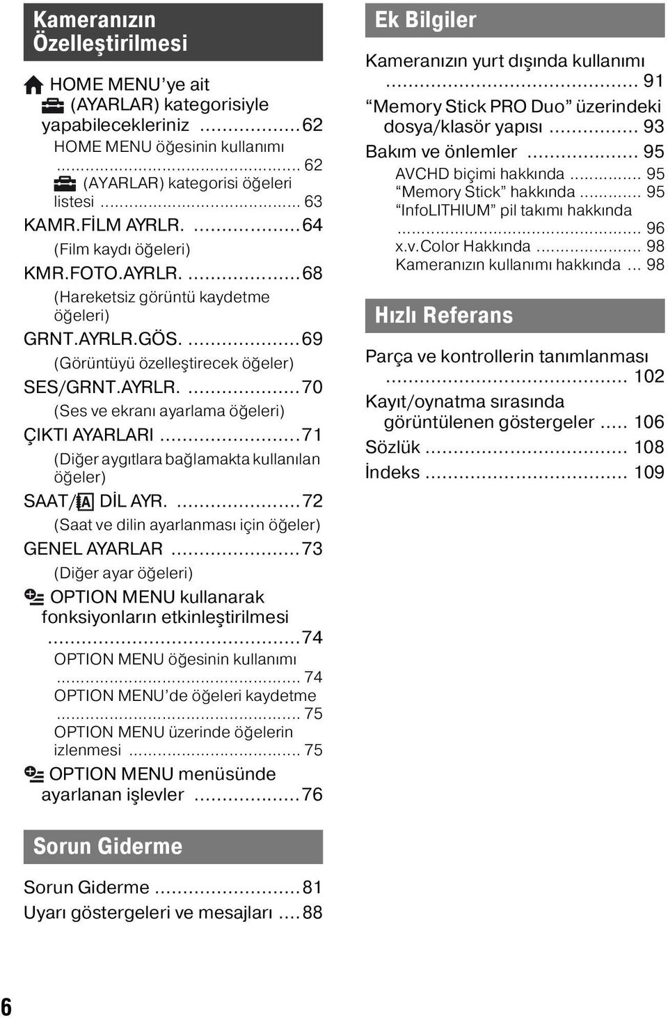 ..71 (Diğer aygıtlara bağlamakta kullanılan öğeler) SAAT/ DİL AYR....72 (Saat ve dilin ayarlanması için öğeler) GENEL AYARLAR.