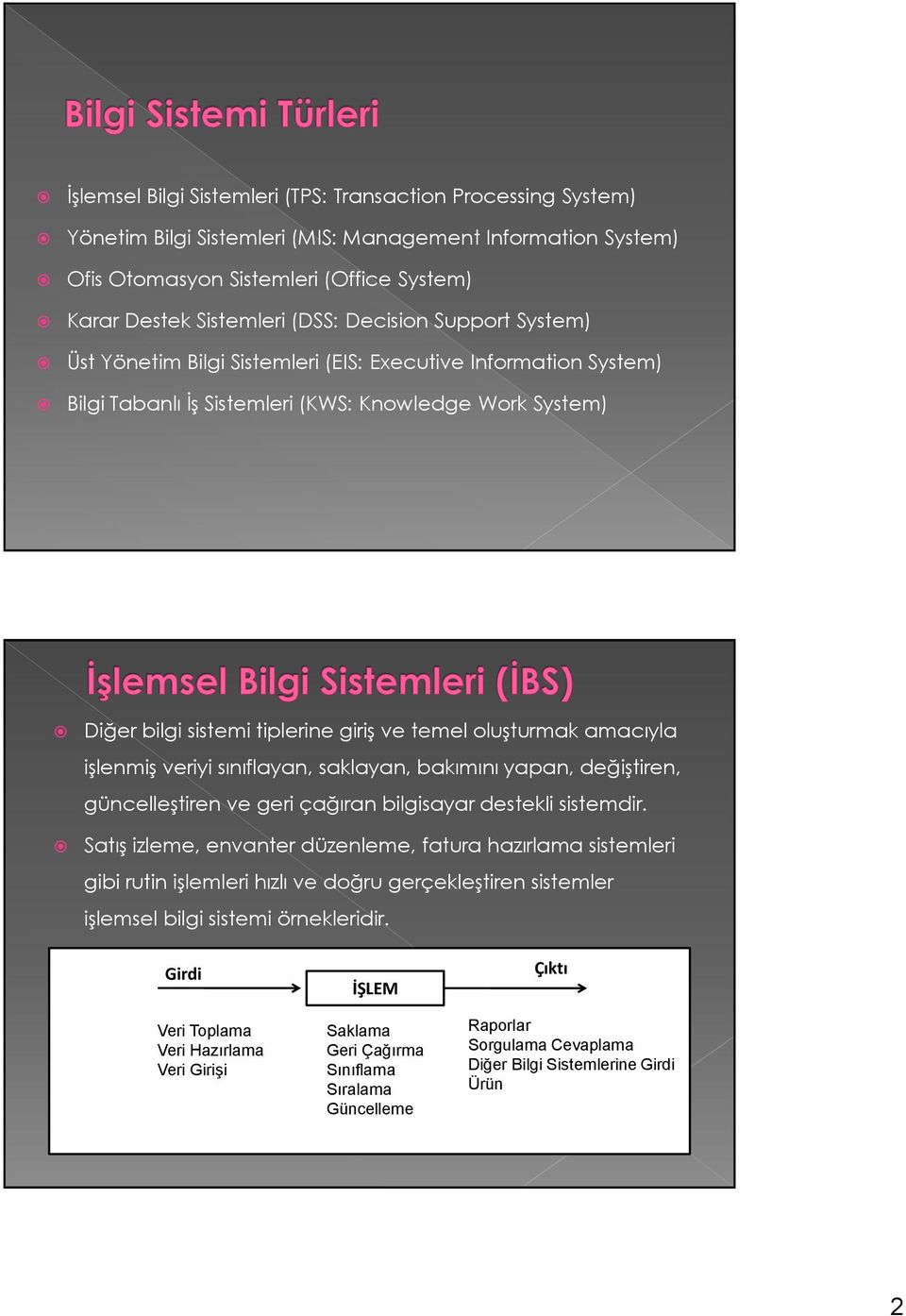 oluşturmak amacıyla işlenmiş veriyi sınıflayan, saklayan, bakımını yapan, değiştiren, güncelleştiren ve geri çağıran bilgisayar destekli sistemdir.