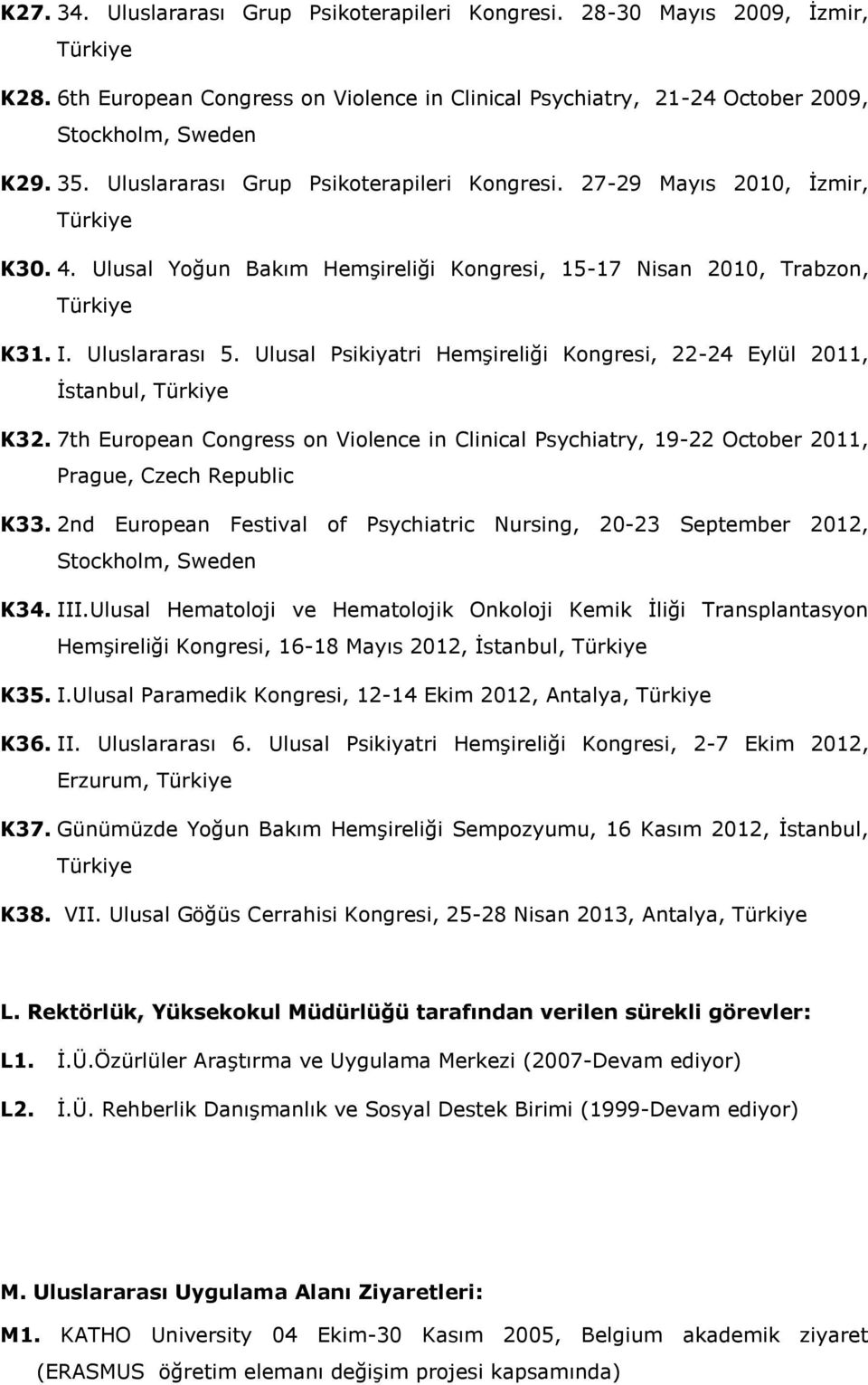 Ulusal Psikiyatri Hemşireliği Kongresi, 22-24 Eylül 2011, İstanbul, Türkiye K32. 7th European Congress on Violence in Clinical Psychiatry, 19-22 October 2011, Prague, Czech Republic K33.