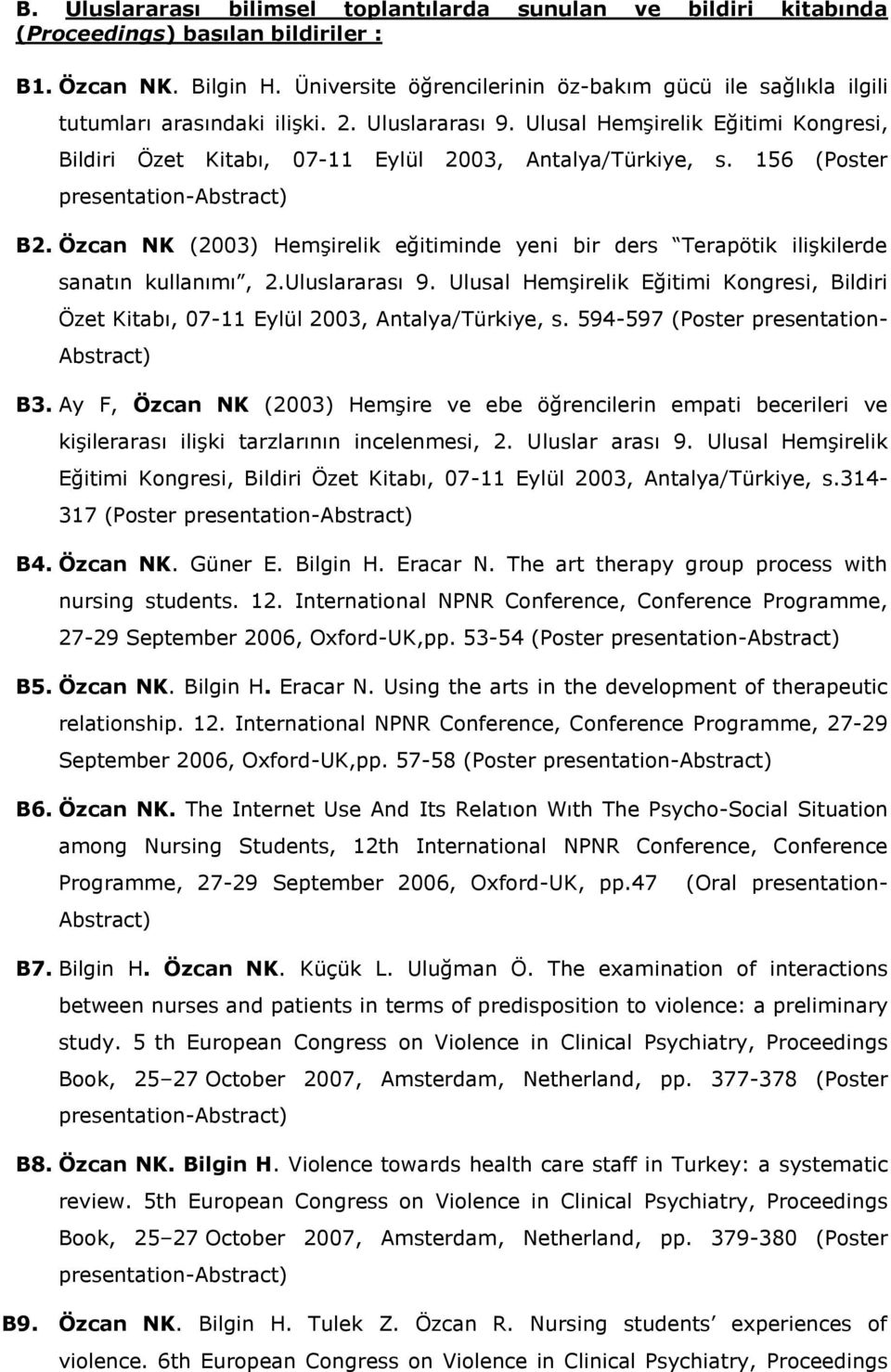 Ulusal Hemşirelik Eğitimi Kongresi, Bildiri Özet Kitabı, 07-11 Eylül 2003, Antalya/Türkiye, s. 156 (Poster presentation-abstract) B2.