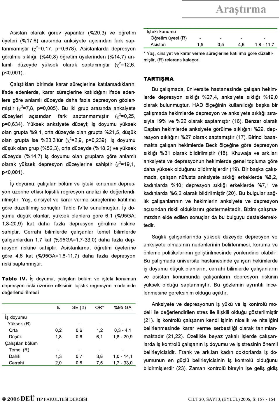 Çalıştıkları birimde karar süreçlerine katılamadıklarını ifade edenlerde, karar süreçlerine katıldığını ifade edenlere göre anlamlı düzeyde daha fazla depresyon gözlenmiştir ( 2 =7,8, p=0,005).