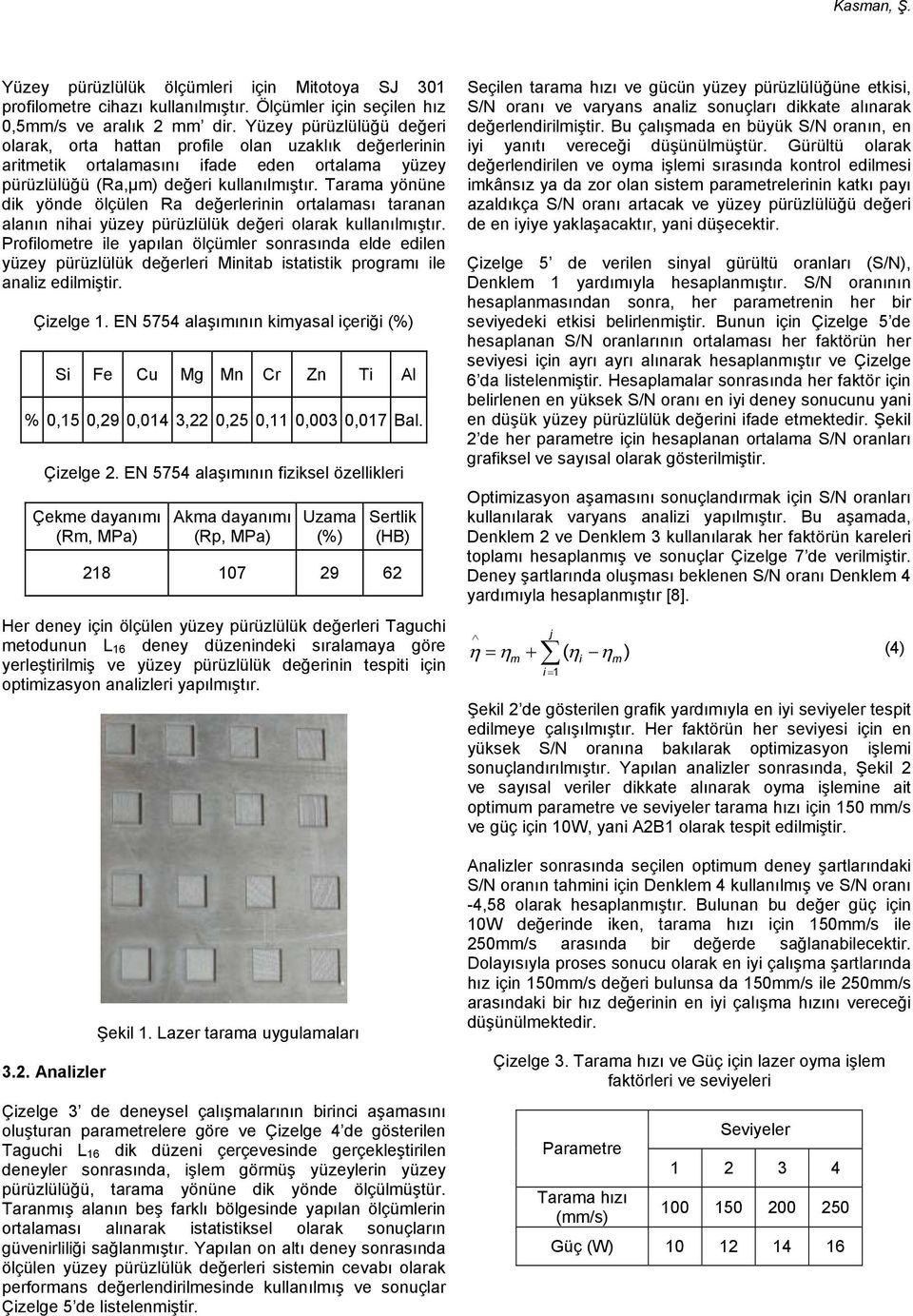 yönüne dik yönde ölçülen Ra değerlerinin ortalaması taranan alanın nihai yüzey pürüzlülük değeri olarak kullanılmıştır.