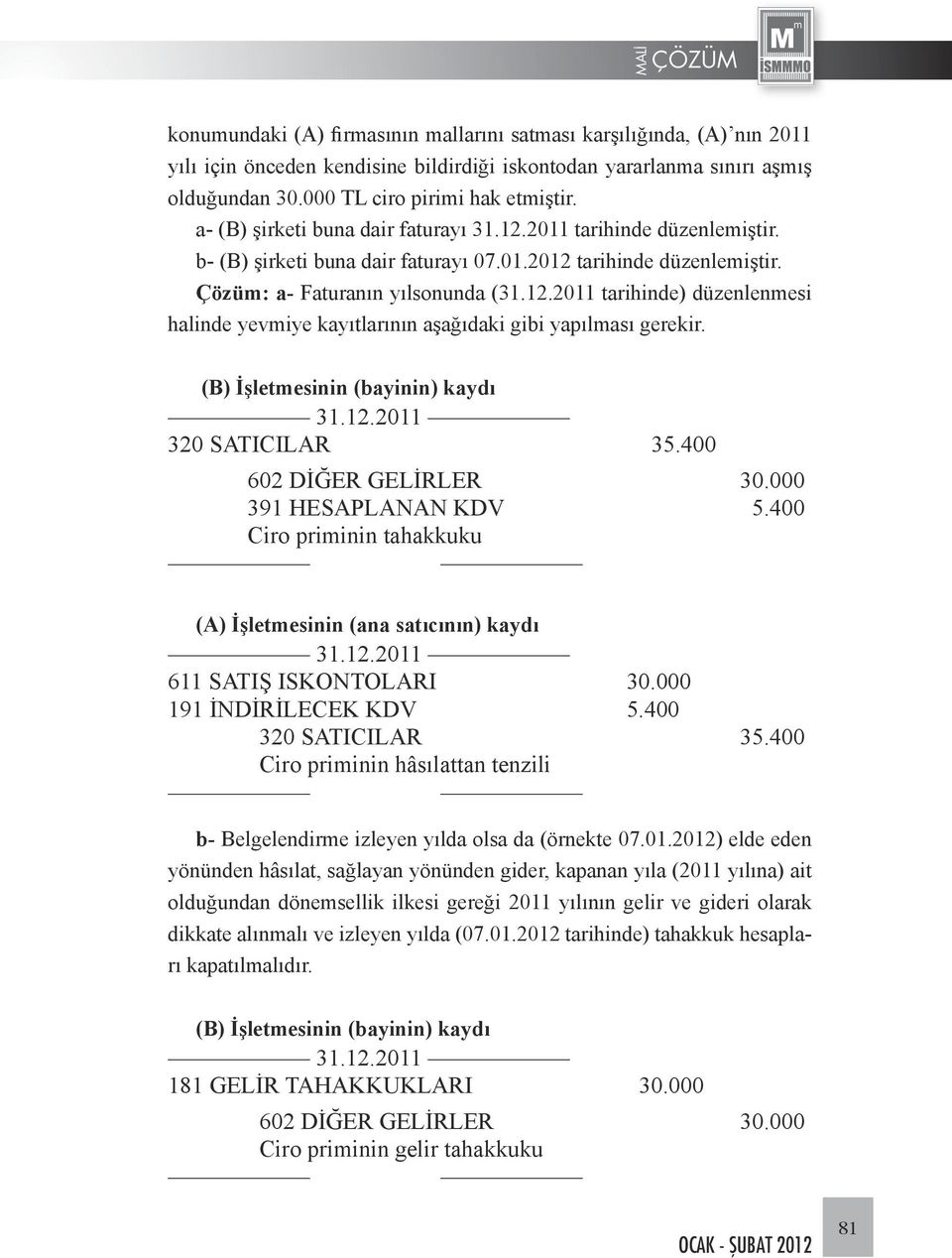 (B) İşletmesinin (bayinin) kaydı 31.12.2011 320 SATICILAR 35.400 602 DİĞER GELİRLER 30.000 391 HESAPLANAN KDV 5.400 Ciro priminin tahakkuku (A) İşletmesinin (ana satıcının) kaydı 31.12.2011 611 SATIŞ ISKONTOLARI 30.