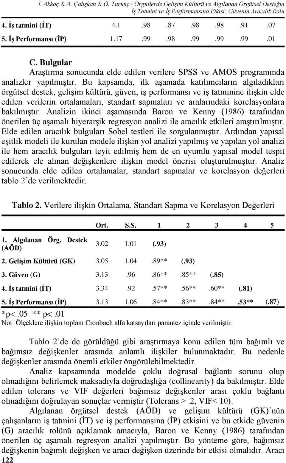 Bu kapsamda, ilk aşamada katılımcıların algıladıkları örgütsel destek, gelişim kültürü, güven, iş performansı ve iş tatminine ilişkin elde edilen verilerin ortalamaları, standart sapmaları ve