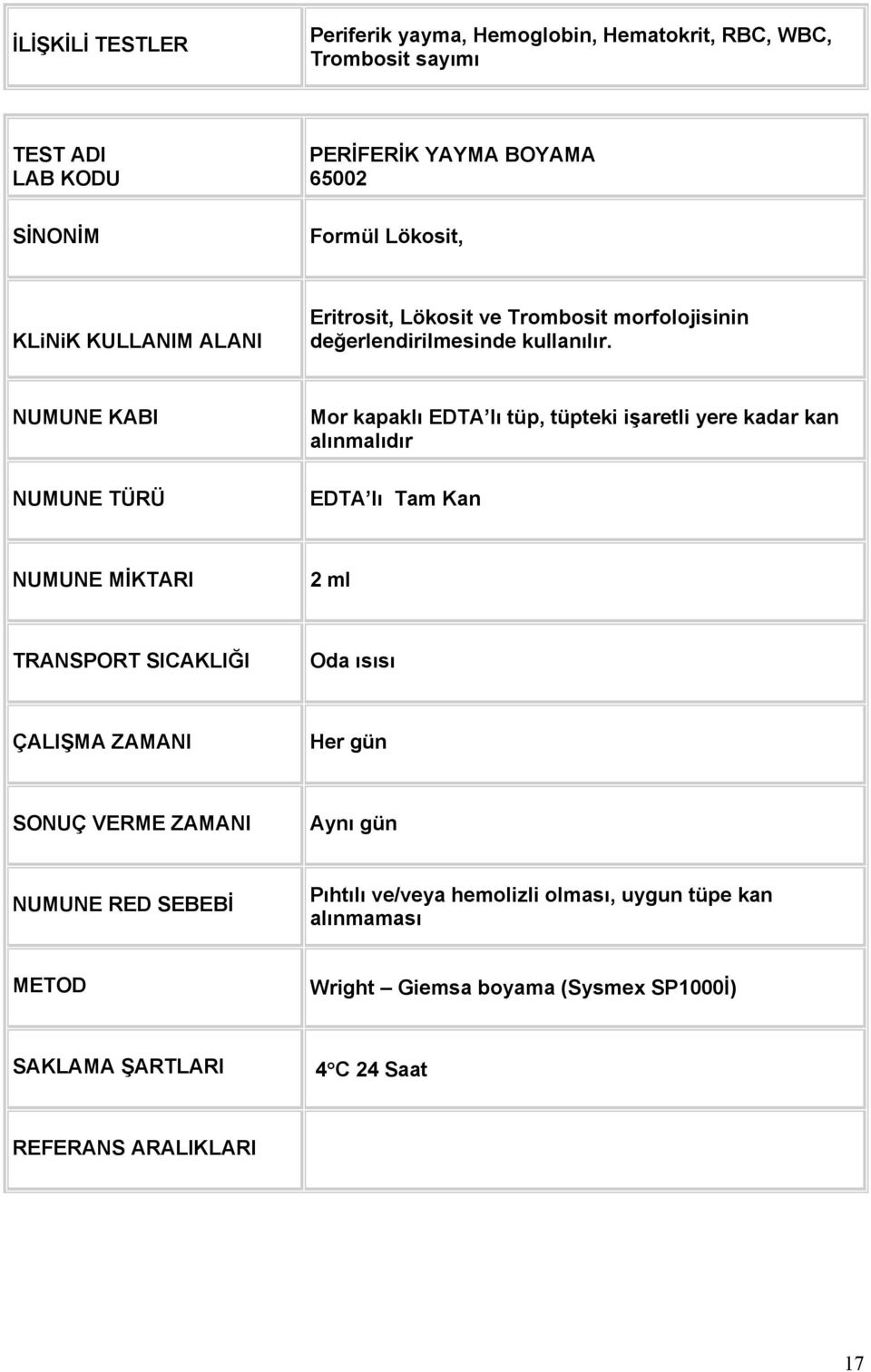 Mor kapaklı EDTA lı tüp, tüpteki işaretli yere kadar kan alınmalıdır EDTA lı Tam Kan 2 ml Oda ısısı Aynı gün