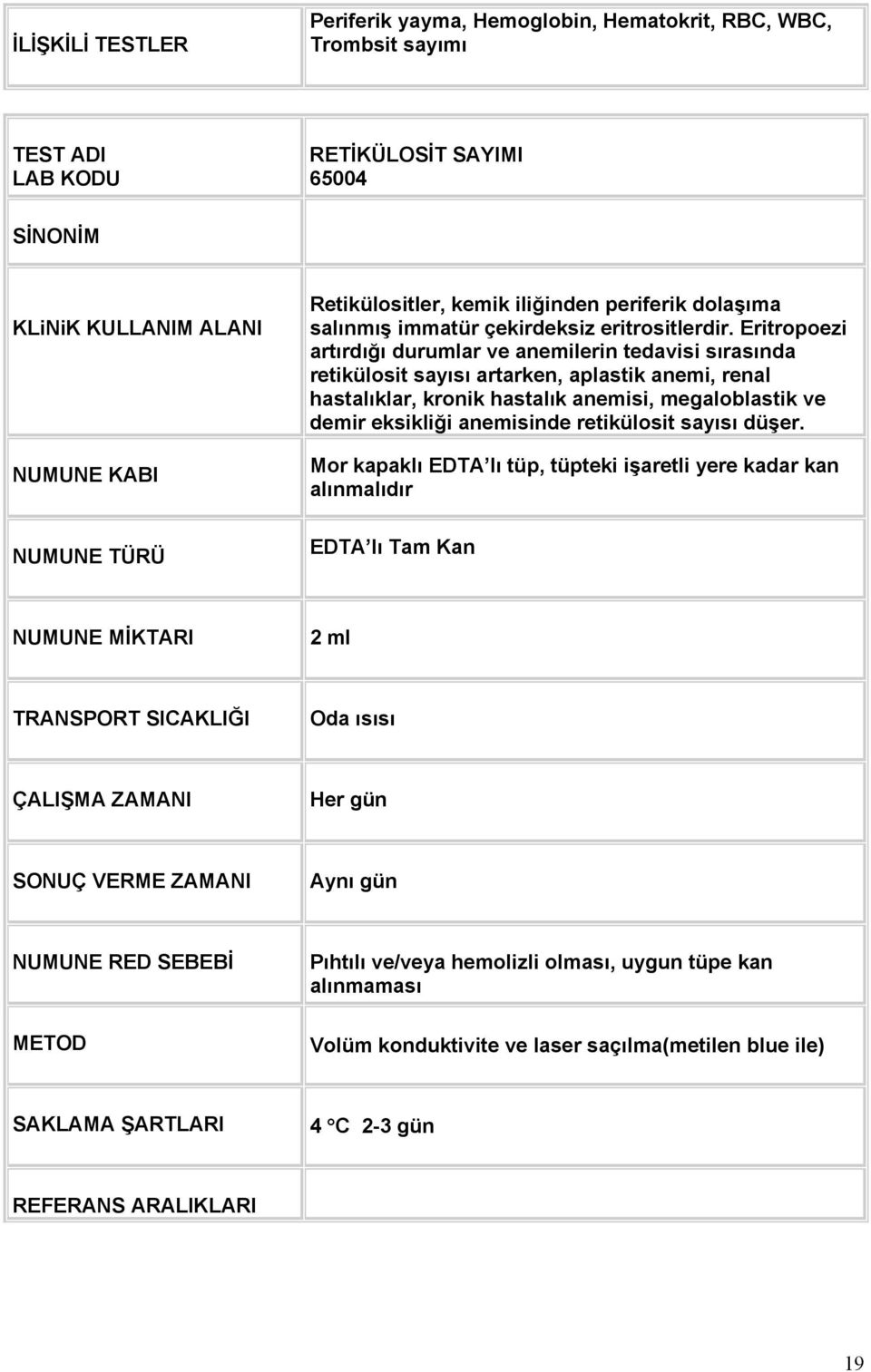 Eritropoezi artırdığı durumlar ve anemilerin tedavisi sırasında retikülosit sayısı artarken, aplastik anemi, renal hastalıklar, kronik hastalık anemisi, megaloblastik ve