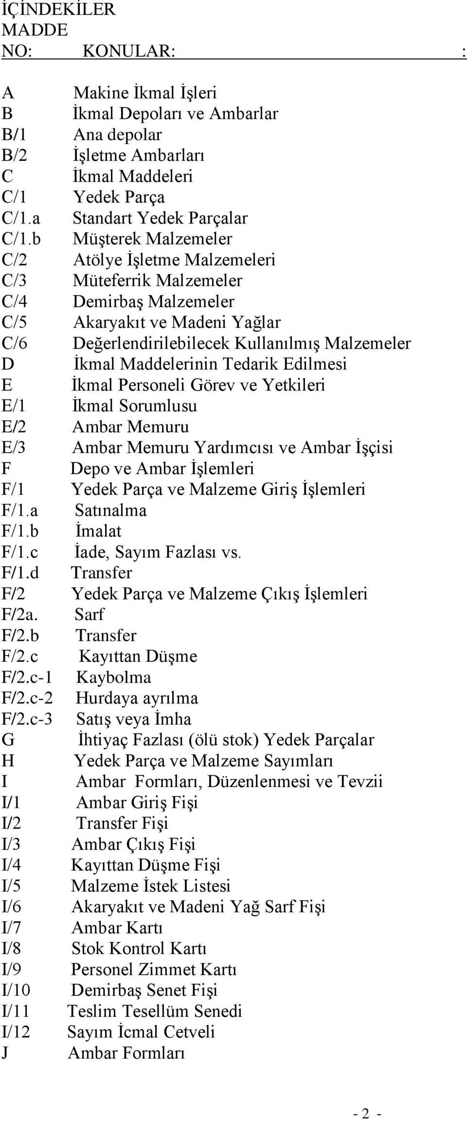 Maddelerinin Tedarik Edilmesi E İkmal Personeli Görev ve Yetkileri E/1 İkmal Sorumlusu E/2 Ambar Memuru E/3 Ambar Memuru Yardımcısı ve Ambar İşçisi F Depo ve Ambar İşlemleri F/1 Yedek Parça ve