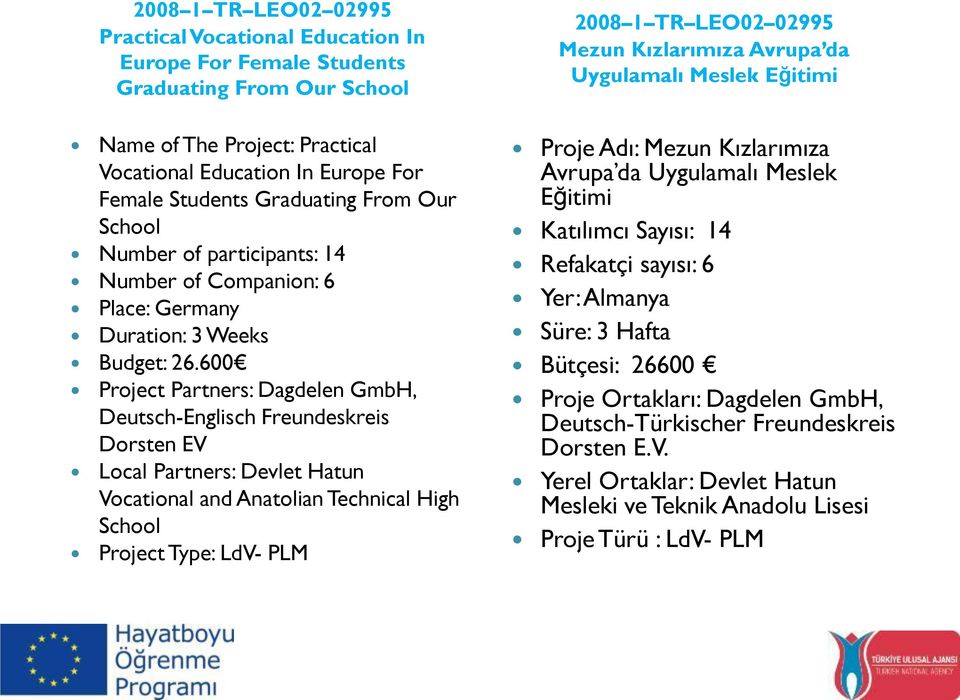 600 Project Partners: Dagdelen GmbH, Deutsch-Englisch Freundeskreis Dorsten EV Local Partners: Devlet Hatun Vocational and Anatolian Technical High School Project Type: LdV- PLM 2008 1 TR LEO02 02995