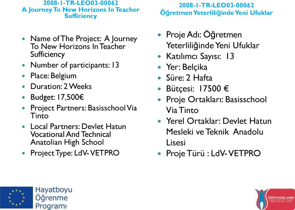 Anatolian High School Project Type: LdV- VETPRO 2008-1-TR-LEO03-00062 Öğretmen Yeterliliğinde Yeni Ufuklar Proje Adı: Öğretmen Yeterliliğinde Yeni Ufuklar